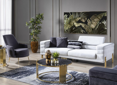 Luxus Sofagarnitur Sofa 4 Sitzer Sessel Stoff Modern Weiß Modern Set